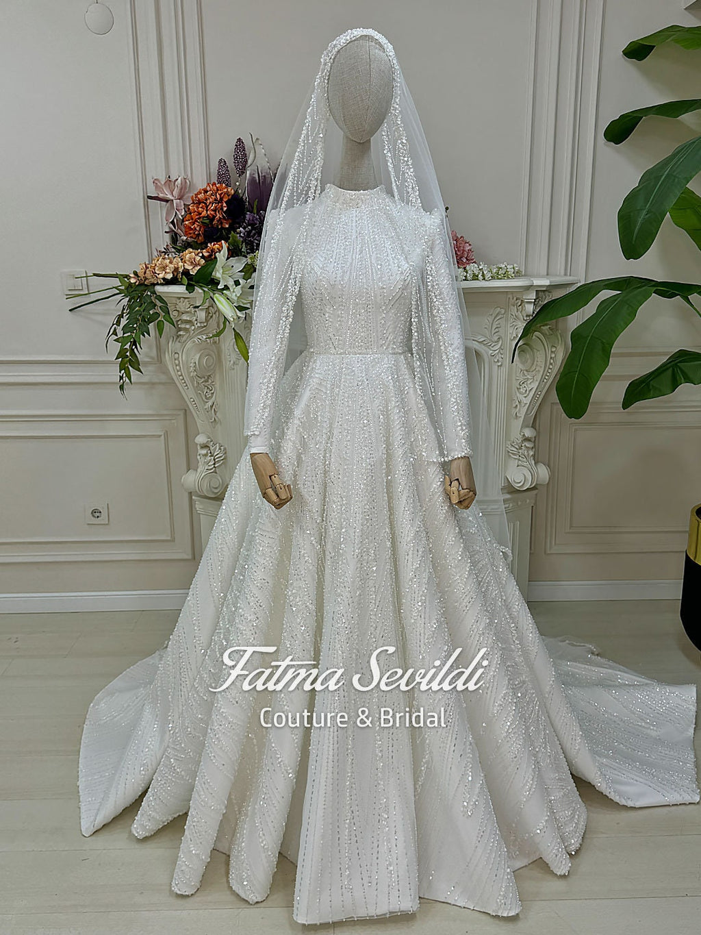 Shimmering white hijab wedding dress with beaded lace veil, high neck, princess style