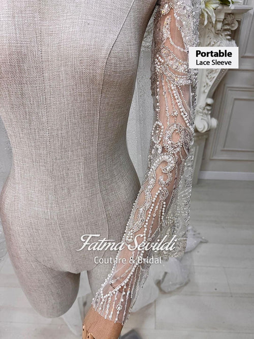 Delicate sheer lace detachable wedding sleeves with silver beading and pearls