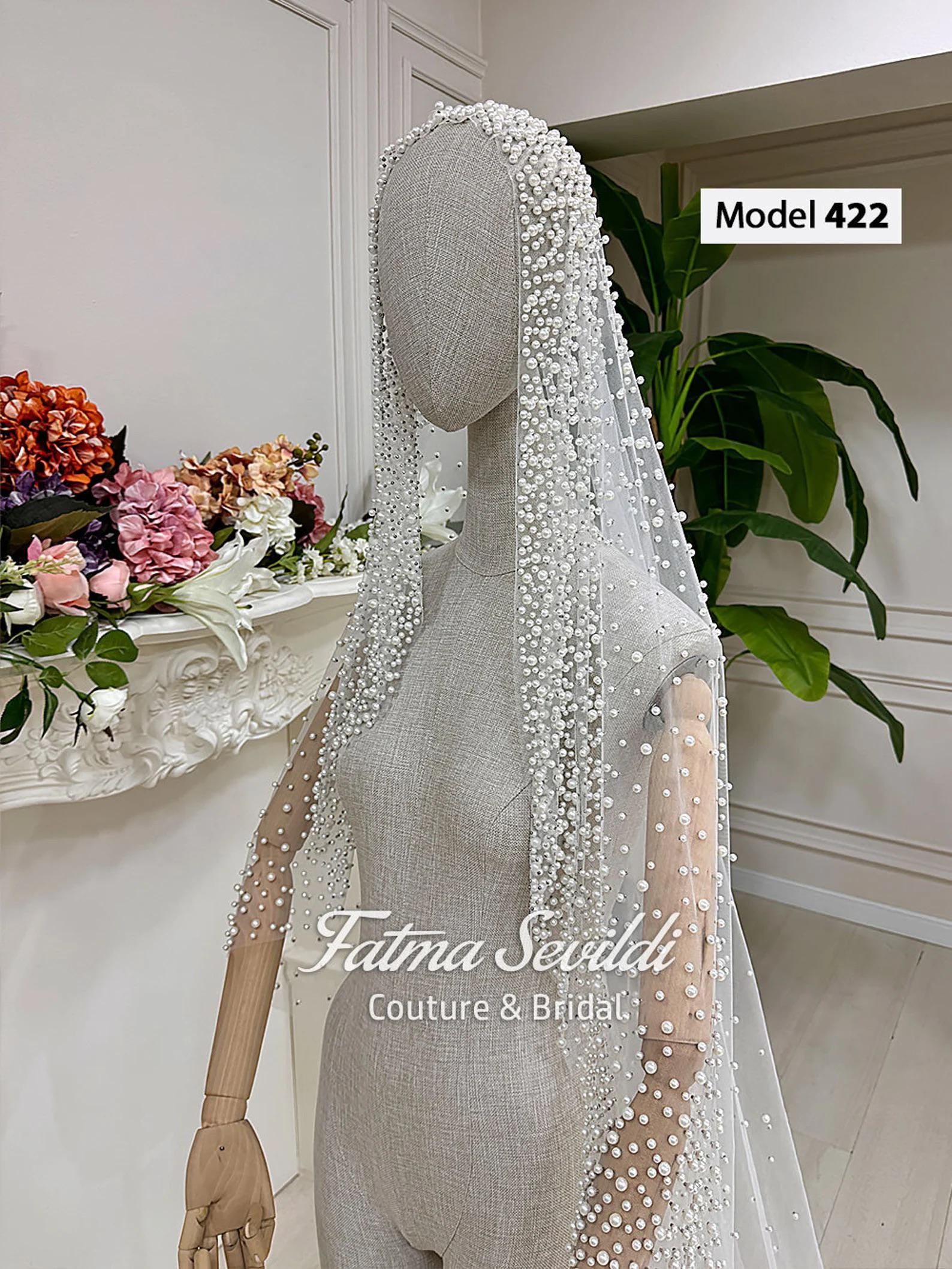 Delicate white beaded Pearl Lace Cathedral Bridal Veil with pearls and hijab option