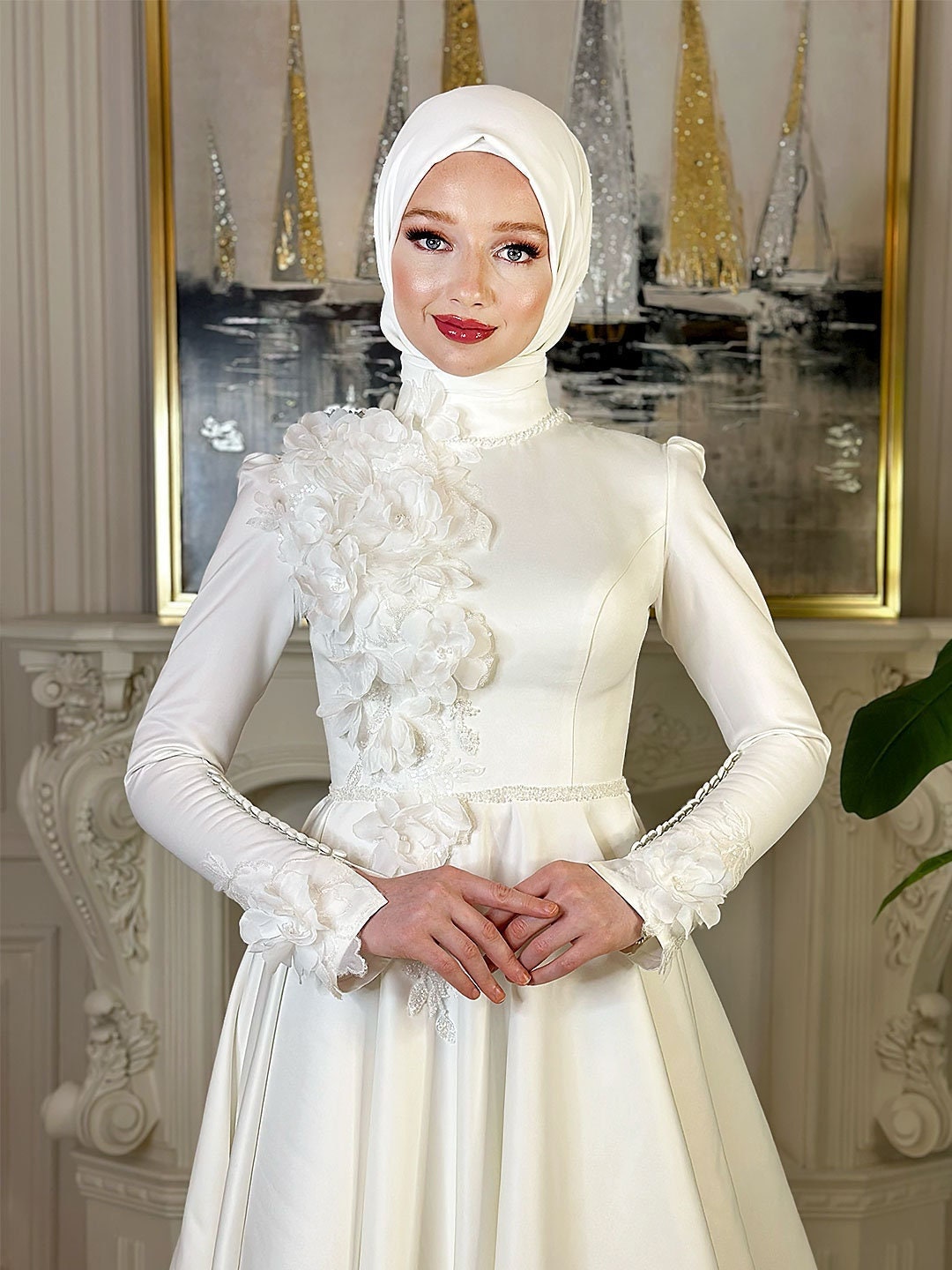 Elegant long sleeve satin Muslim wedding dress with floral lace appliques