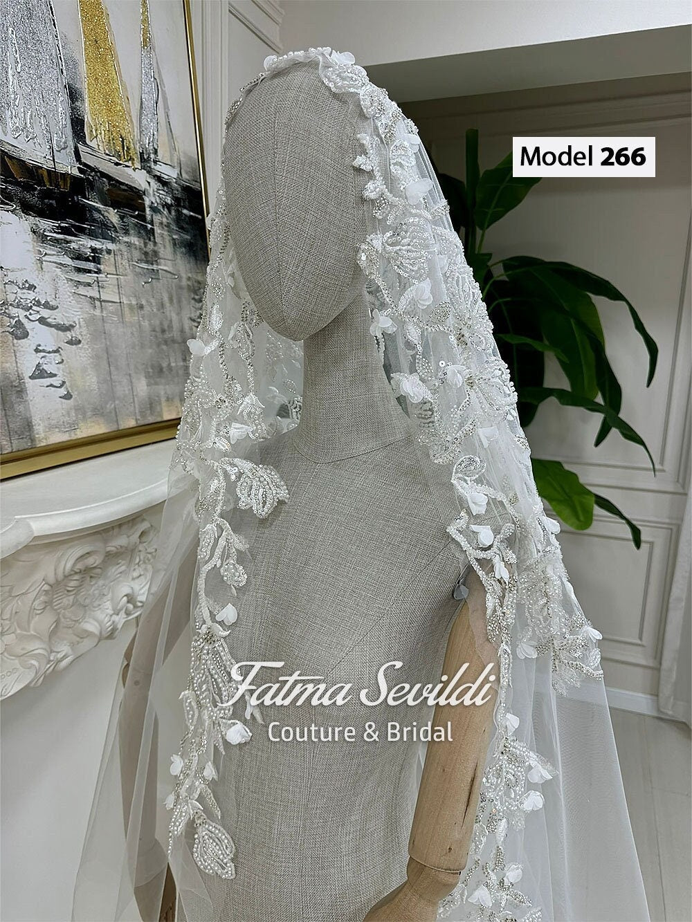 PART8 hand-sewn beaded lace mantilla cathedral veil with floral embroidery