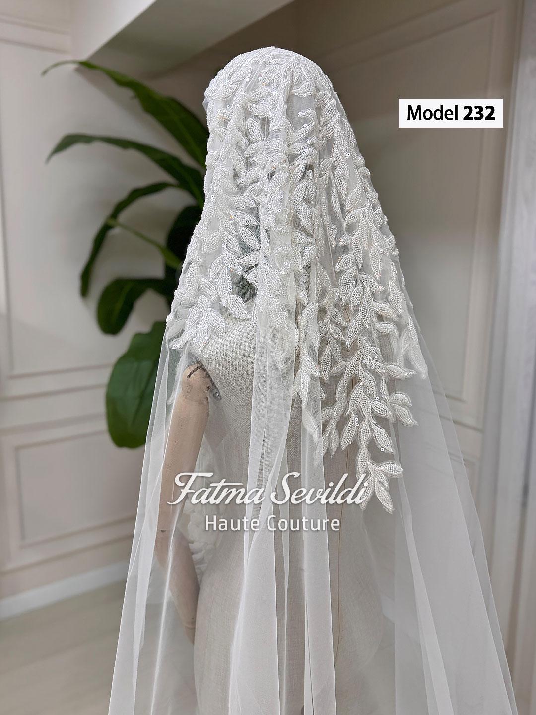 Elegant white lace veil with leaf embroidery by Fatma Sevildi for veiled hijab ballgown