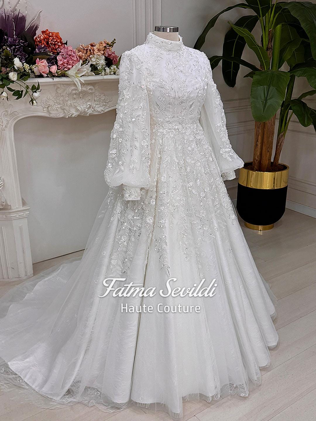 Elegant veiled hijab wedding dress with beaded lace high neck and long sleeves