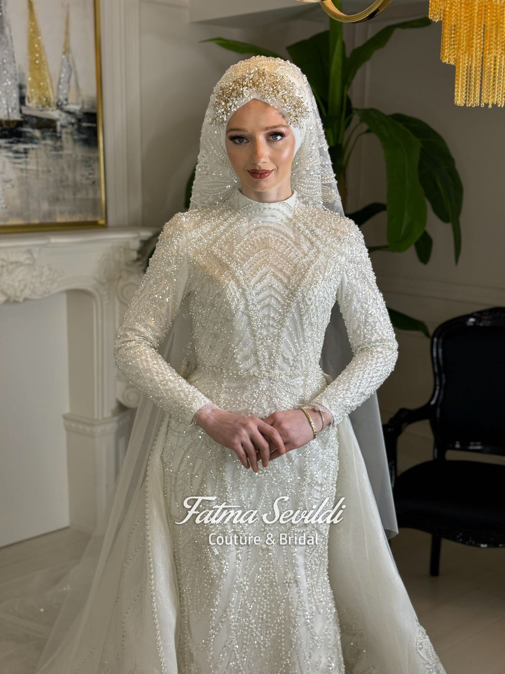 Veiled hijab beaded lace wedding dress with high neck, long sleeves, A-line gown