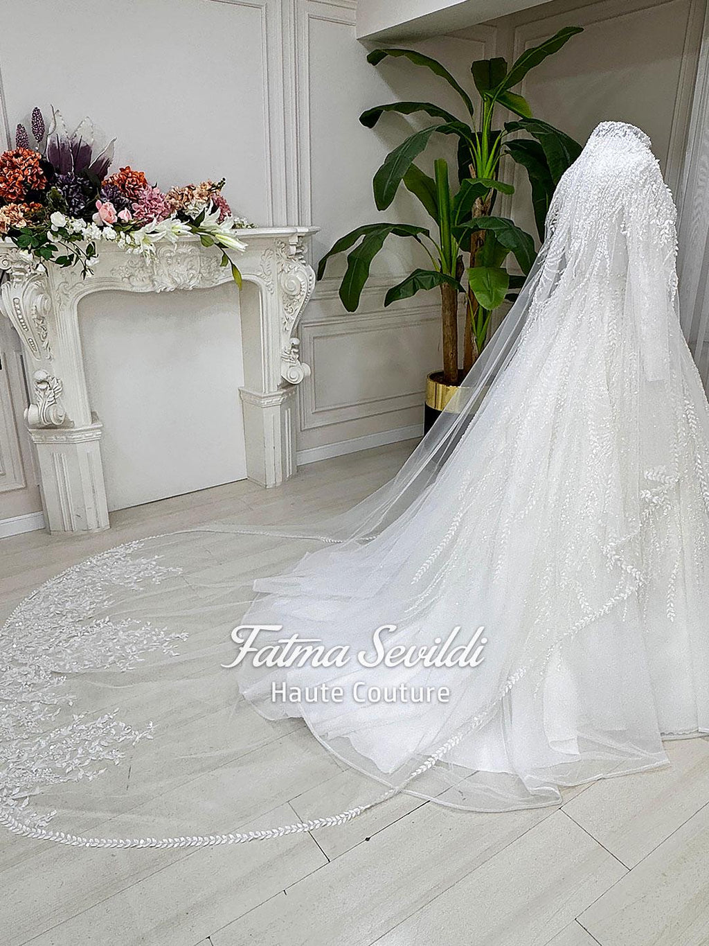 Elegant beaded lace veiled hijab for modest Muslim bridal gown