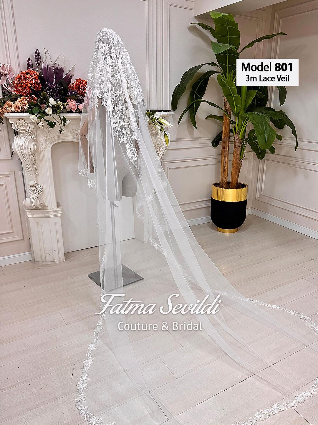 PART3 beaded lace edge cathedral bridal veil with floral embroidery