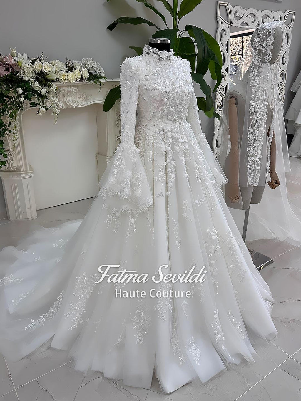 Modest A-line wedding dress with floral applique, high neck, long sleeves, beaded lace