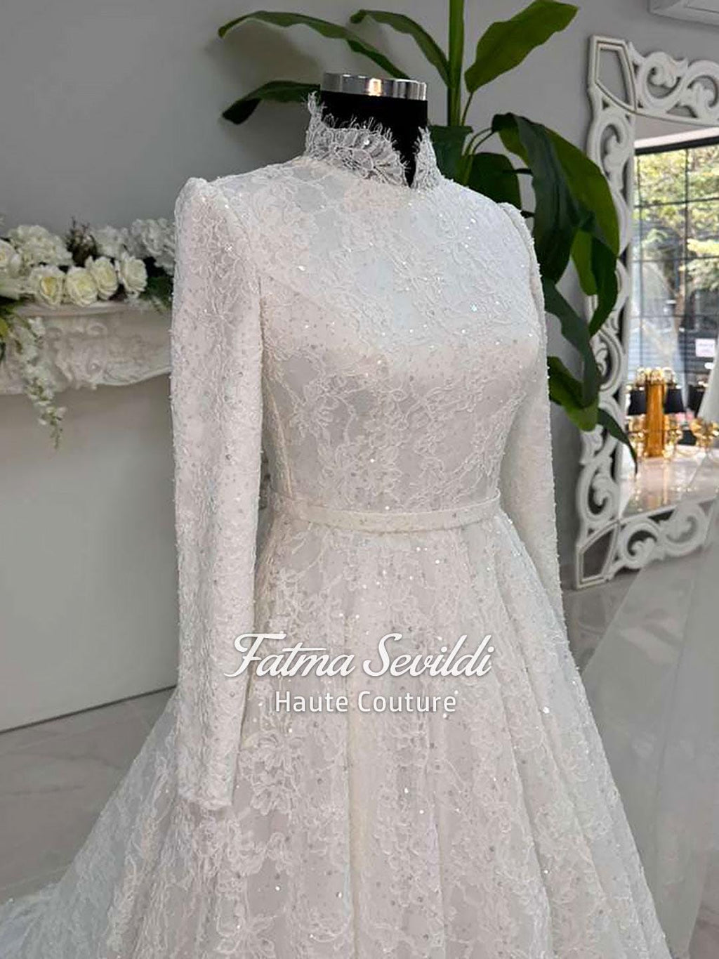 Veiled hijab wedding dress with full beaded lace, long sleeves, high neck modest gown