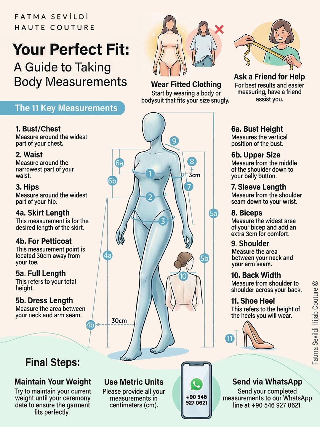 Light blue mannequin with measurements for hijab wedding dress fitting