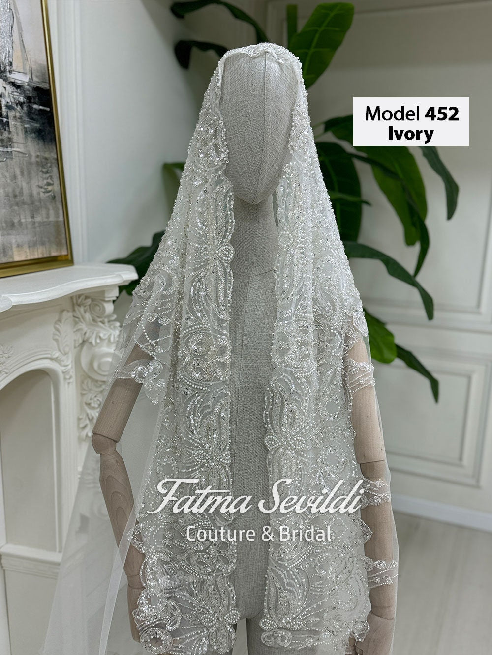 Ivory veiled hijab wedding veil model 452 with silver beading and lace