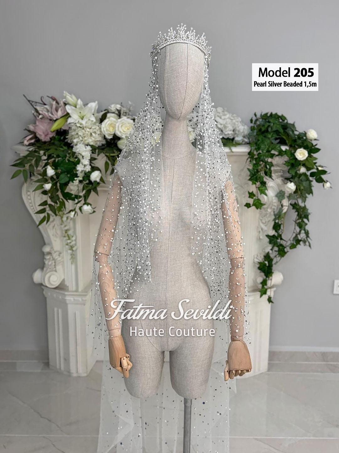 Pearl silver beaded cathedral lace bridal veil with tiara, 1.5m long