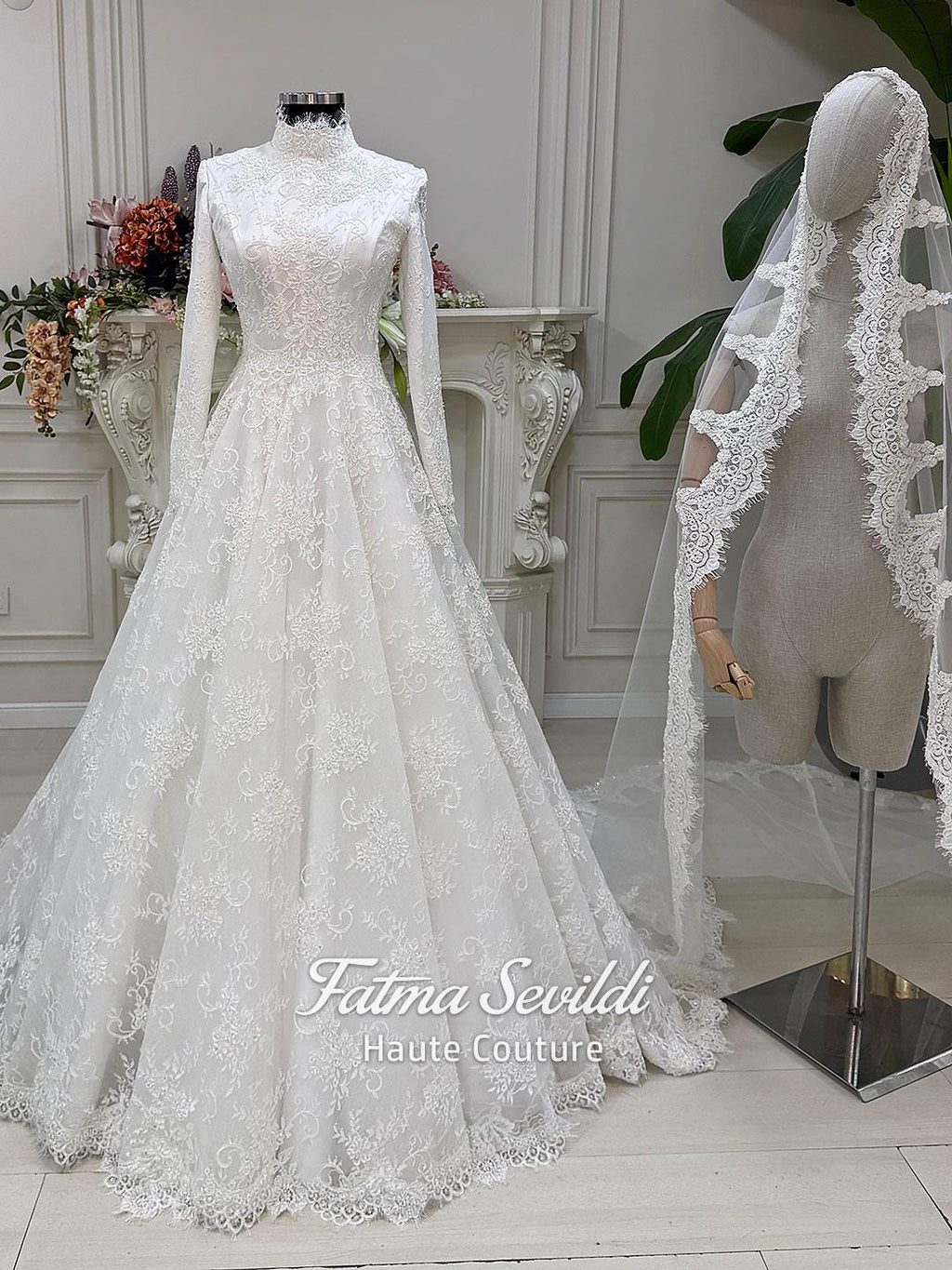 Elegant beaded lace satin Muslim wedding gown, high neck long sleeve full skirt