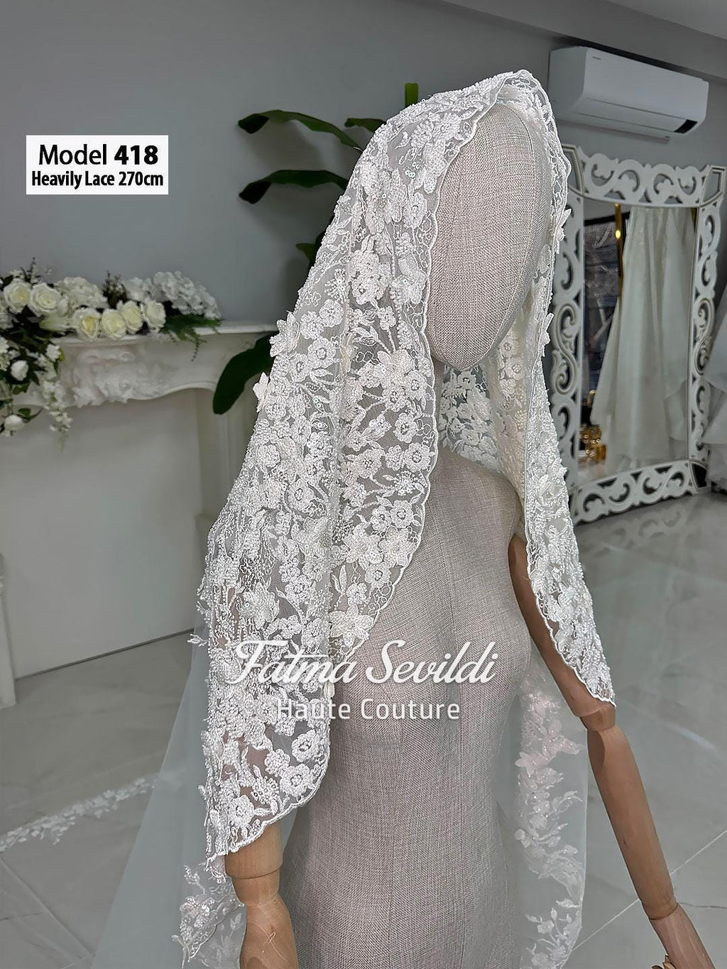 White lace cathedral hijab veil, 270cm, floral patterns, scalloped edges