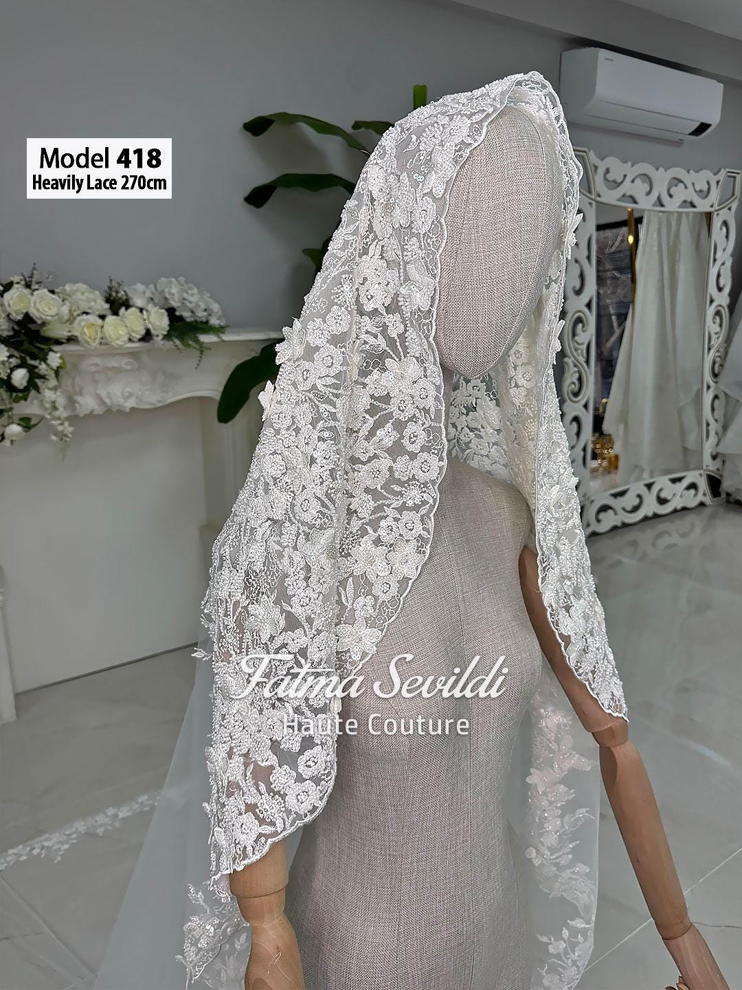 White lace cathedral hijab veil, 270cm, floral patterns, scalloped edges