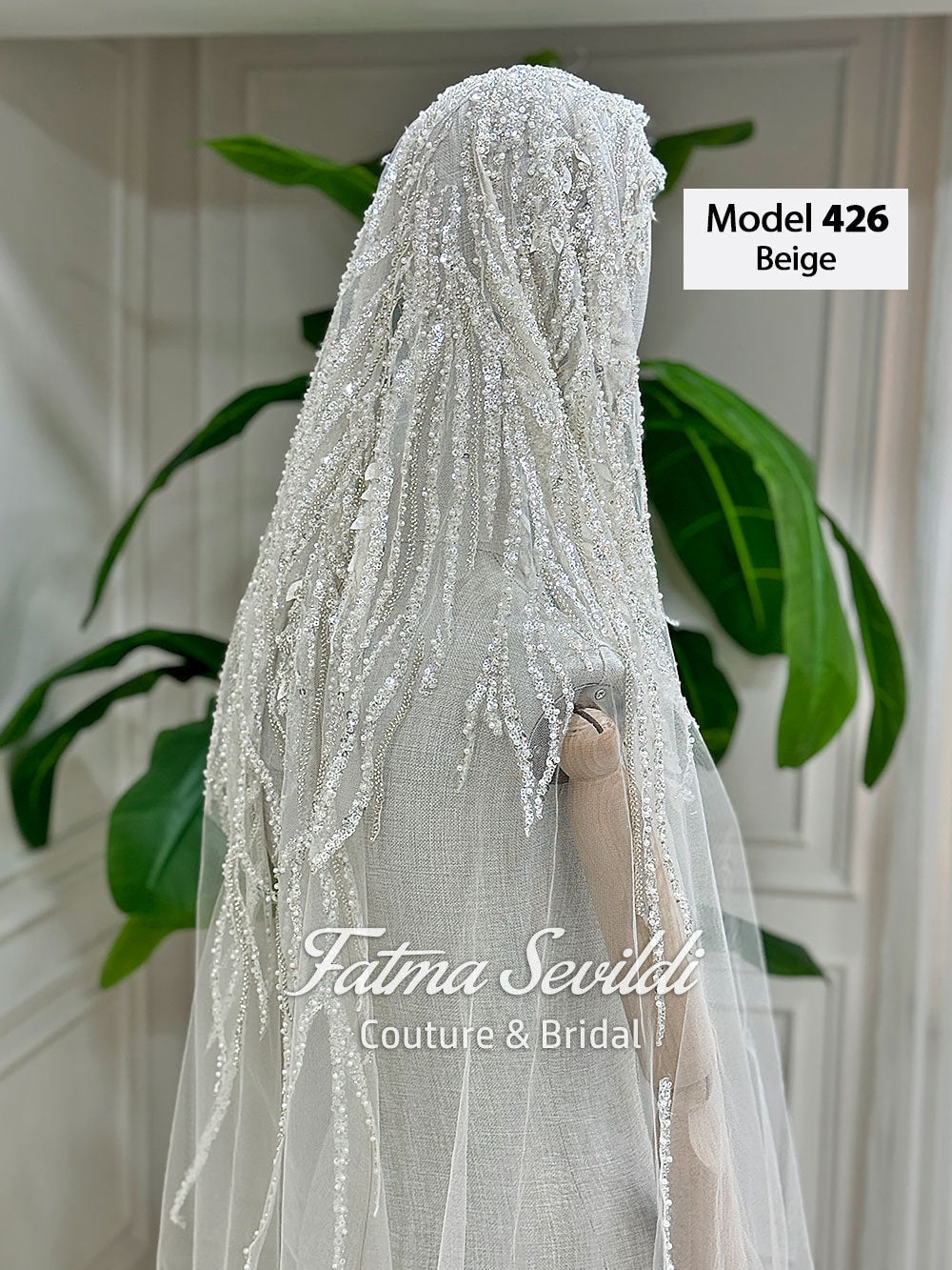 Beige hand-sewn beaded lace mantilla cathedral veil, model 426