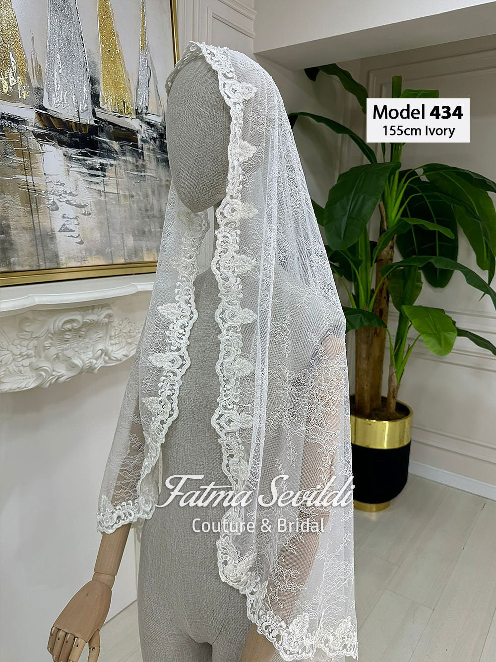 Ivory lace bridal veil model 434 with floral embroidery and scalloped edges