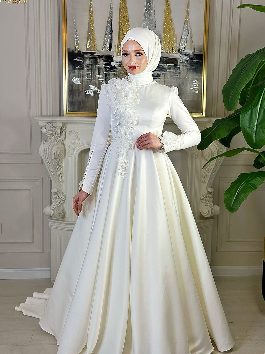 Elegant satin Muslim wedding dress with floral embroidery and hijab