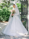 Veiled hijab white lace wedding gown with long sleeves and beaded embroidery