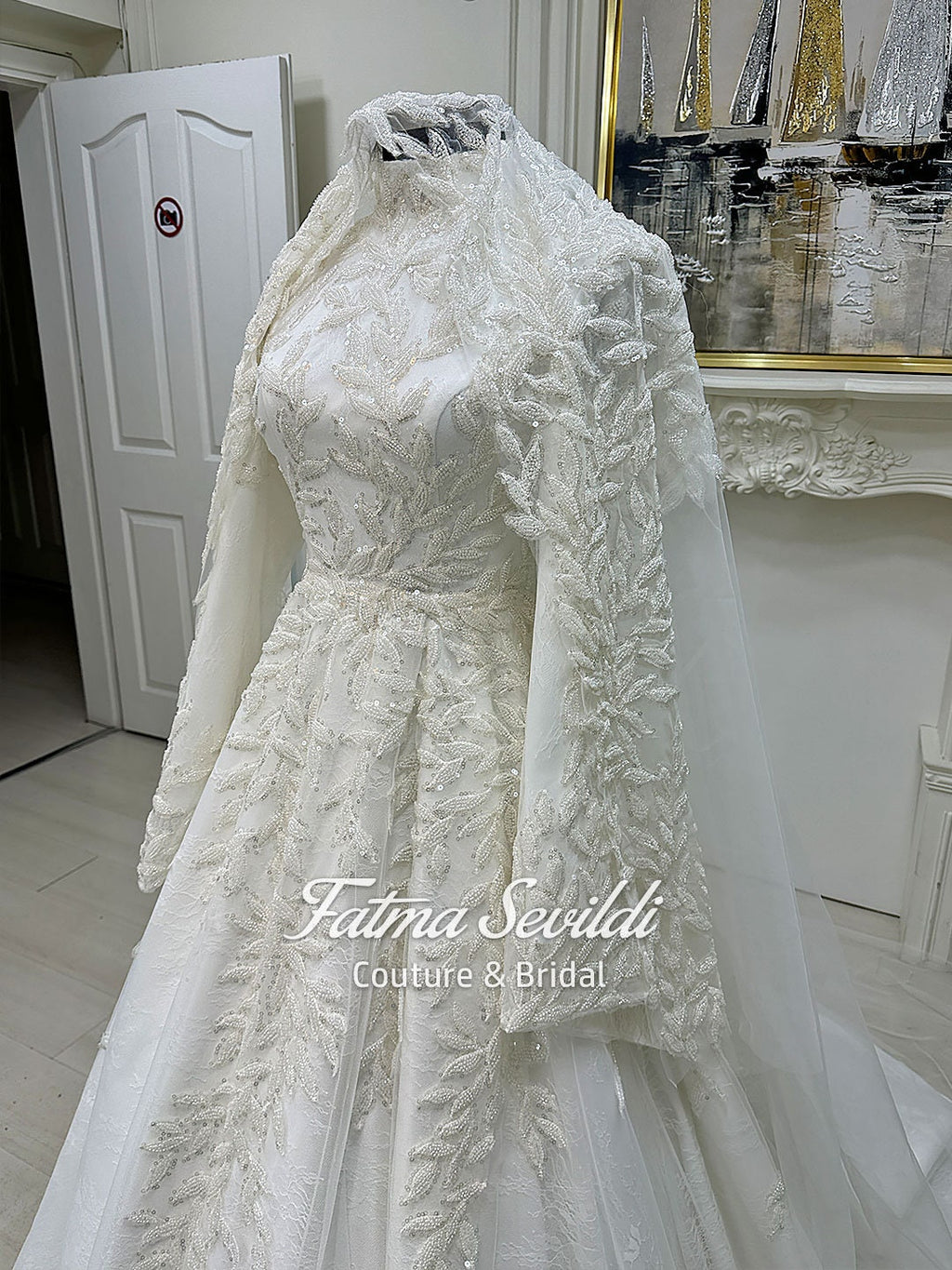 Elegant hijab wedding dress with beaded 3D lace, high neck, long sleeve A-line gown