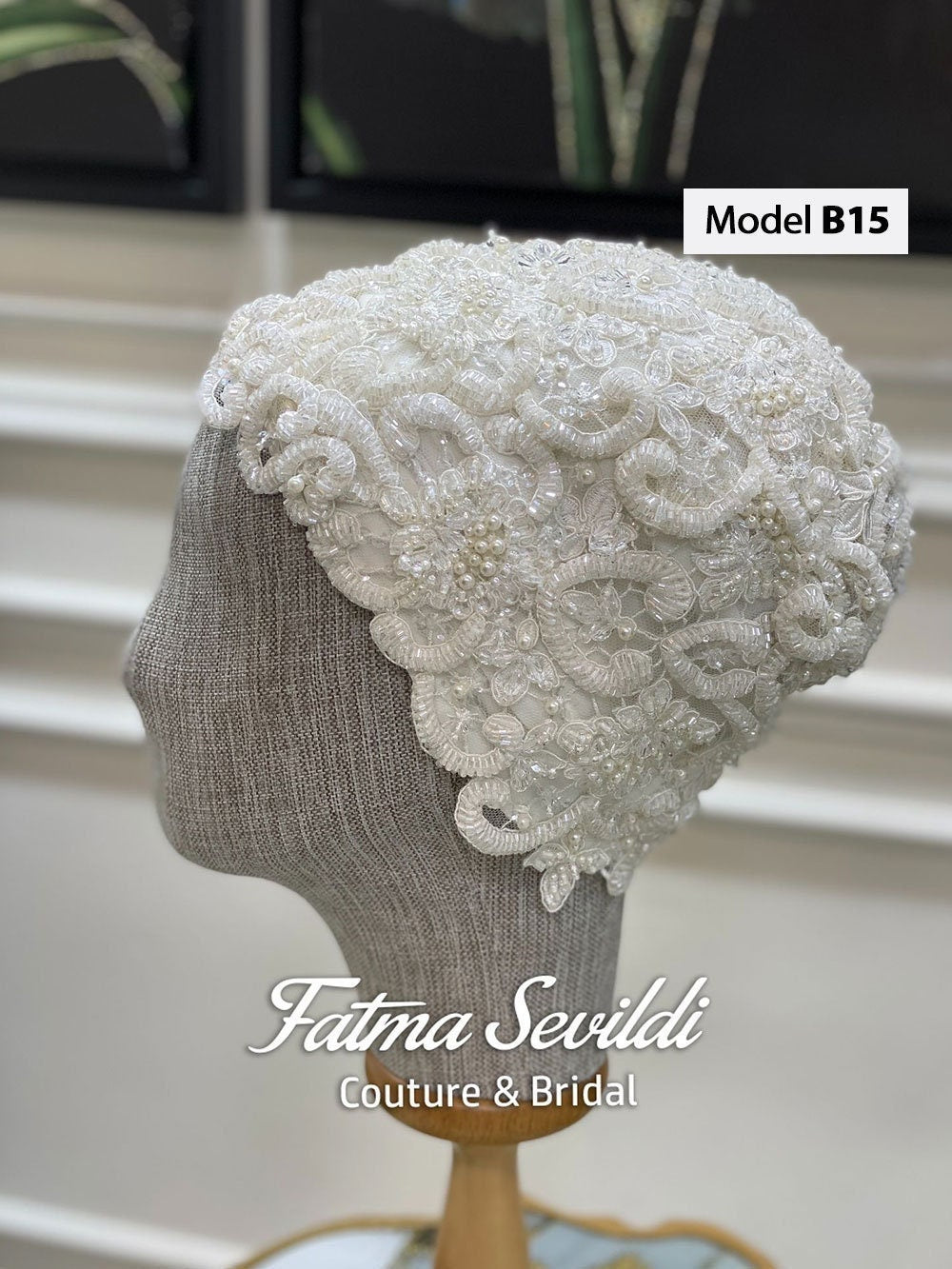 Elegant ivory lace bridal undercap with beading and floral embroidery by Fatma Sevildi