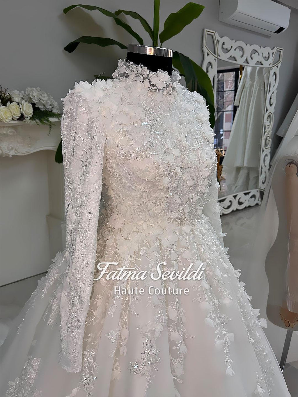 White high-neck hijab wedding dress with 3D floral lace appliques