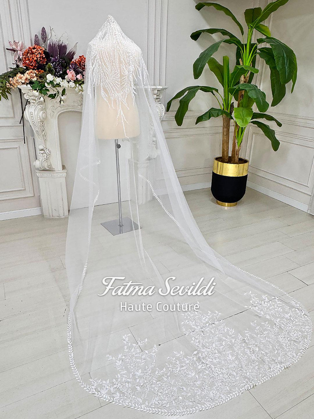 Delicate beaded lace bridal veil with floral embroidery for modest Muslim wedding gown