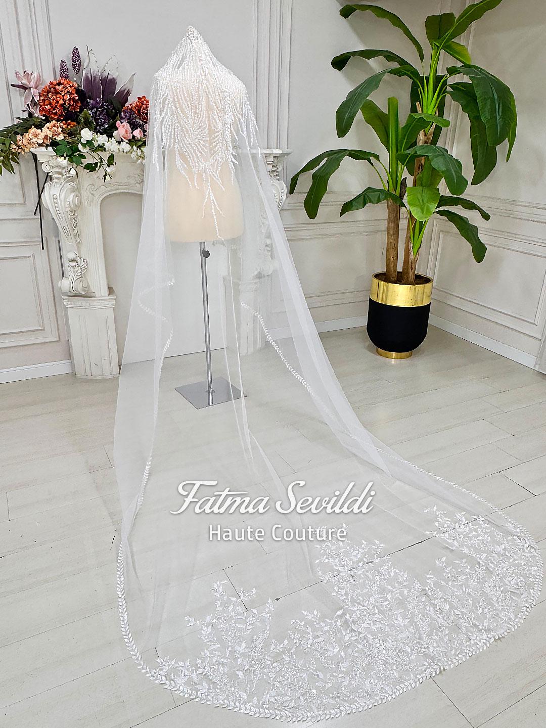 Delicate beaded lace bridal veil with floral embroidery for modest Muslim wedding gown