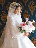 Elegant veiled hijab wedding dress with beaded lace veil