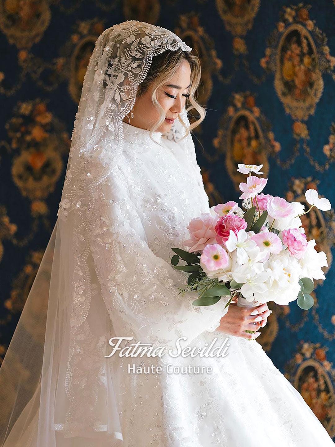 Elegant veiled hijab wedding dress with beaded lace veil