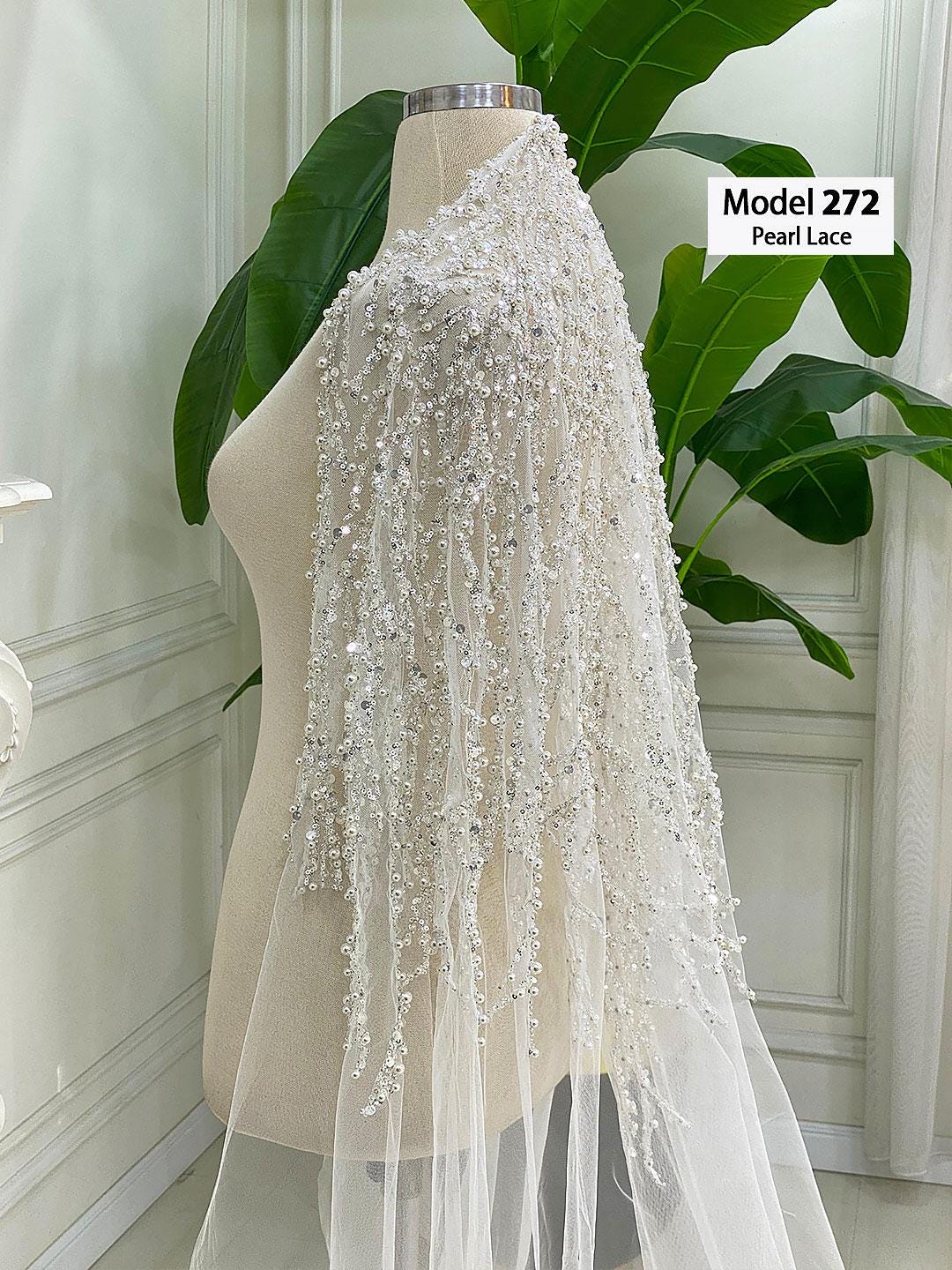Pearl lace cathedral bridal veil with hand-sewn beaded applique