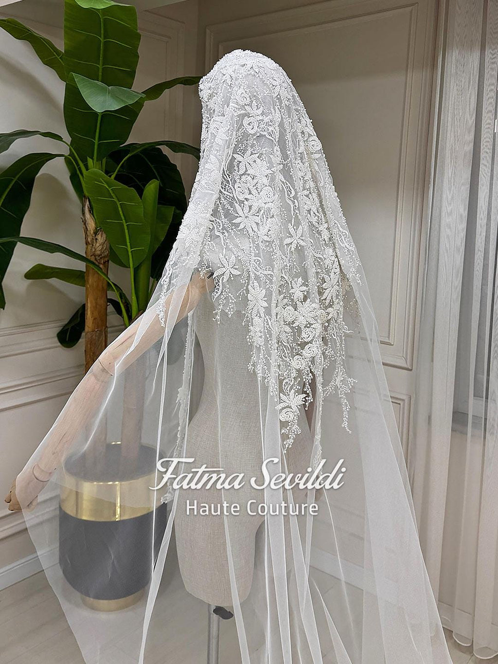Delicate white lace bridal veil with floral embroidery for veiled hijab wedding gown