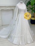 Elegant veiled Muslim wedding dress with beaded lace ball gown silhouette