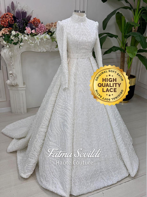 Custom A-line hijab wedding dress with beaded lace, high neck, long sleeves