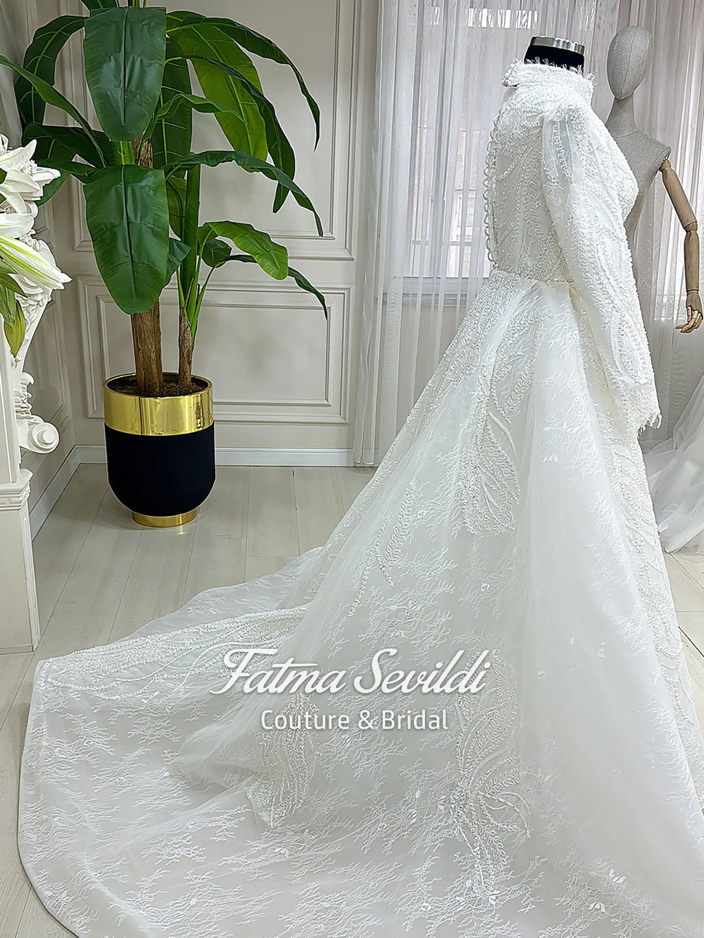 Veiled Mermaid Hijab Wedding Dress with Beaded Lace Long Sleeves