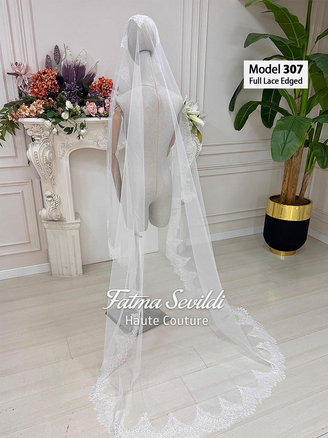 Delicate white lace PART14 cathedral veil by Fatma Sevildi, model 307