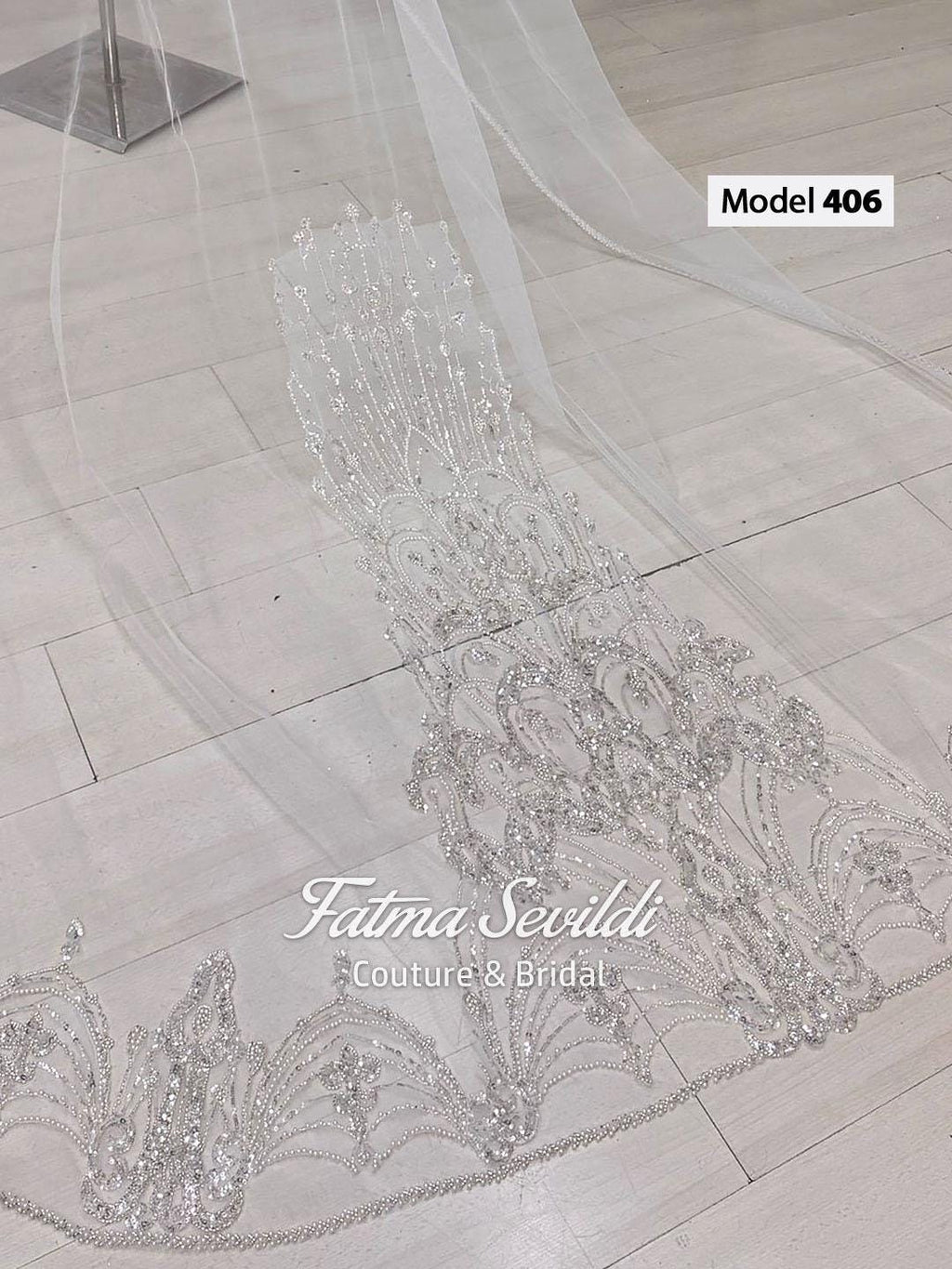 Delicate lace edge cathedral hijab veil with beaded silver embellishments