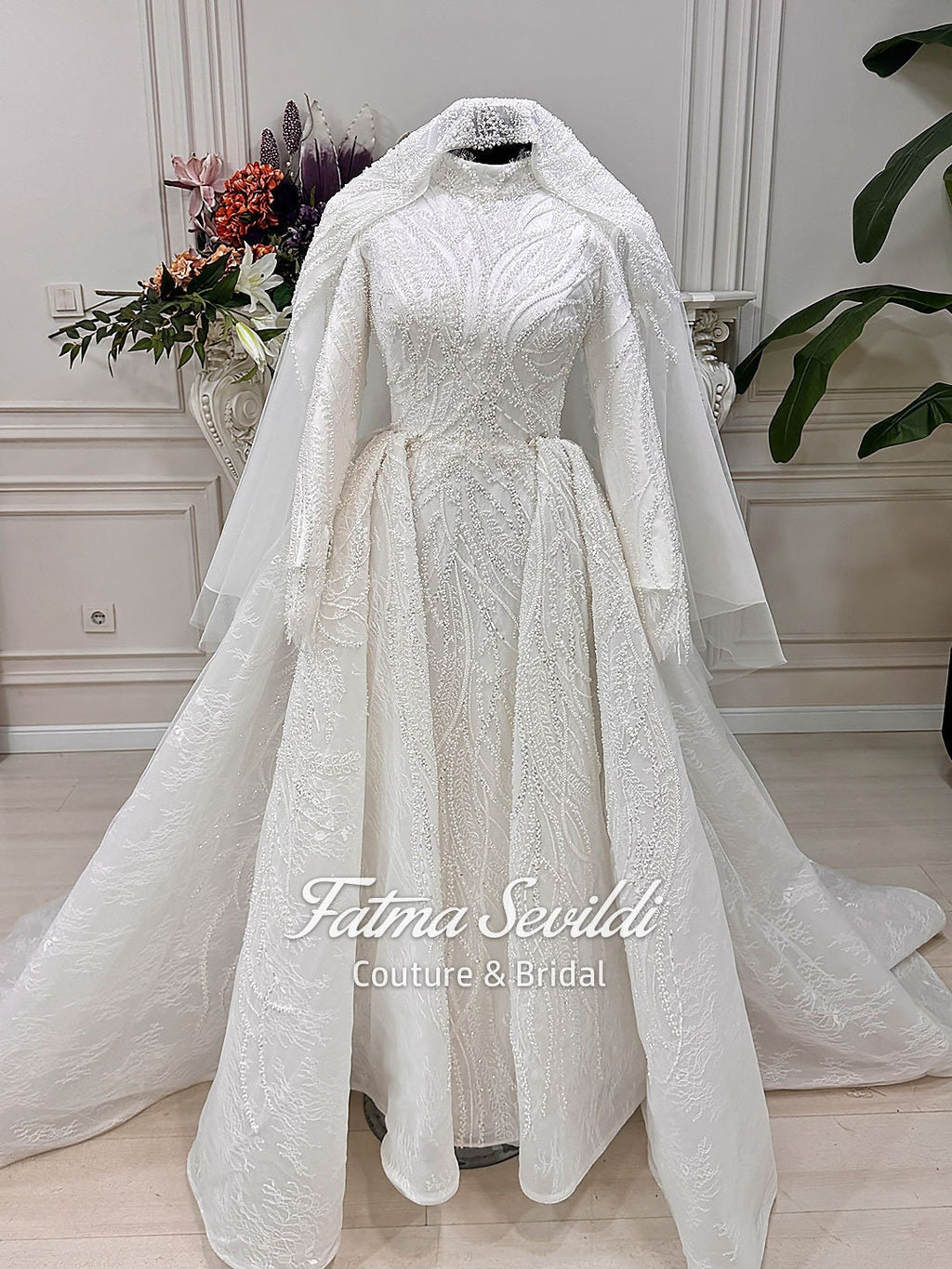 Veiled mermaid hijab wedding dress with beaded lace and detachable skirt