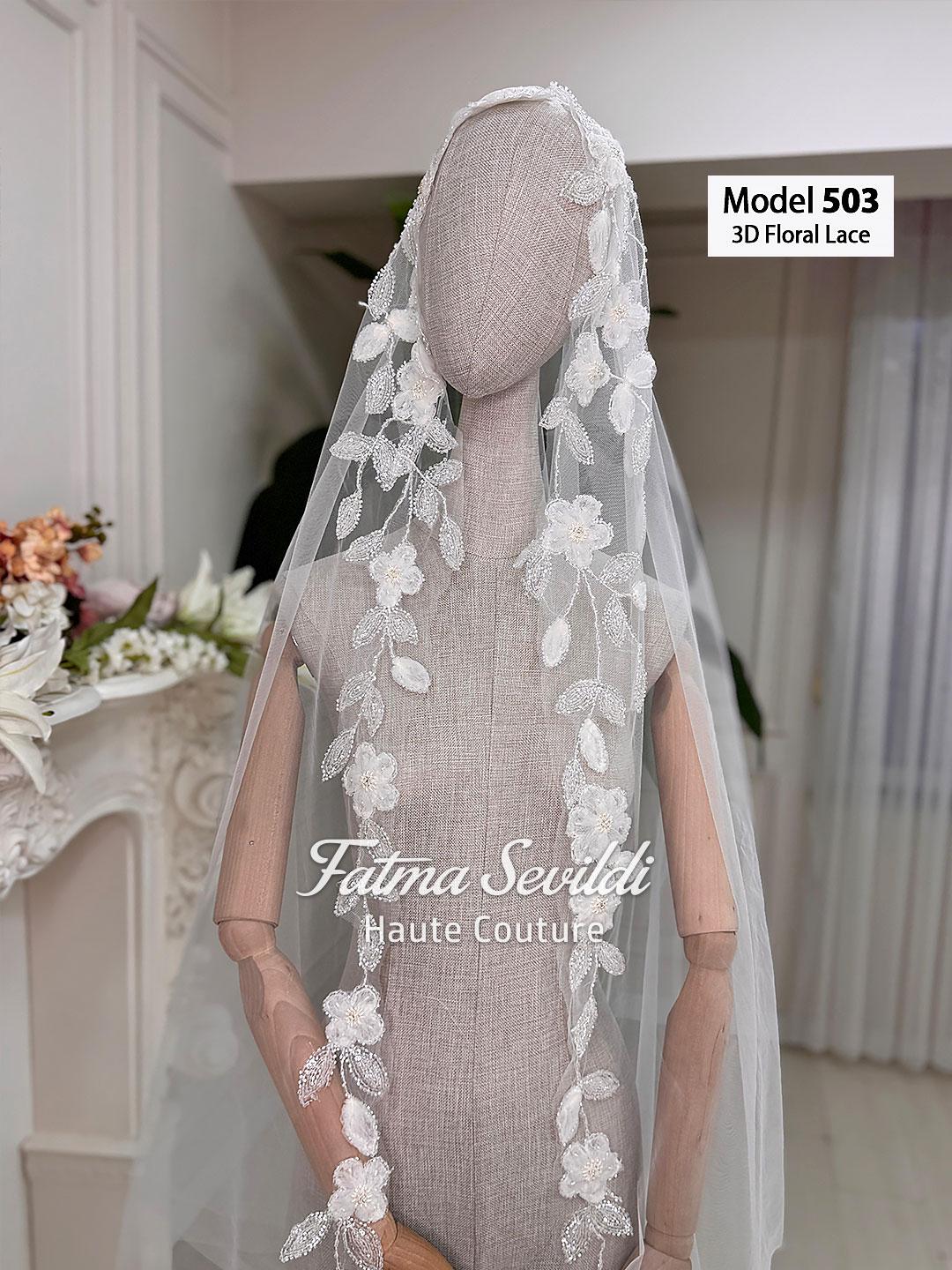 Delicate white 3D floral lace bridal veil, PART4 Cathedral Beaded by Fatma Sevildi