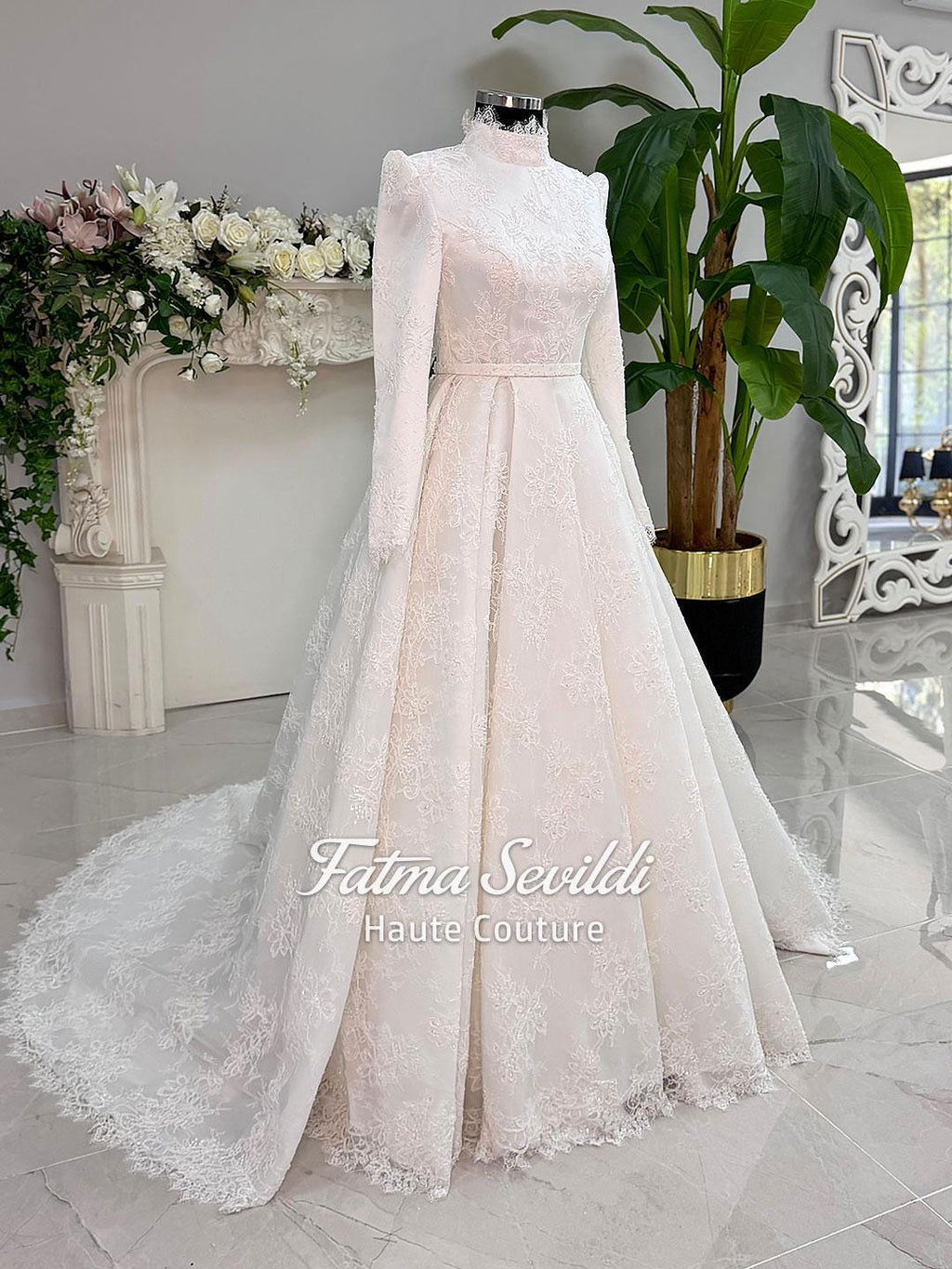 Elegant full lace hijab wedding dress with high neck, long sleeves