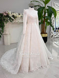 Elegant full lace hijab wedding dress with high neck, long sleeves