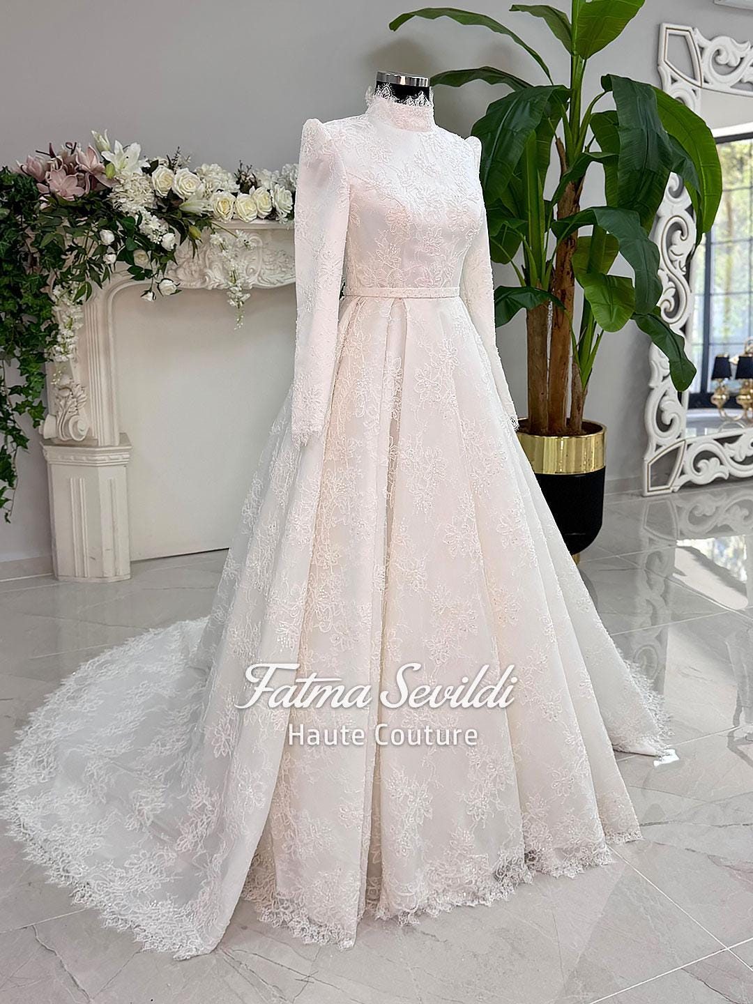Elegant full lace hijab wedding dress with high neck, long sleeves