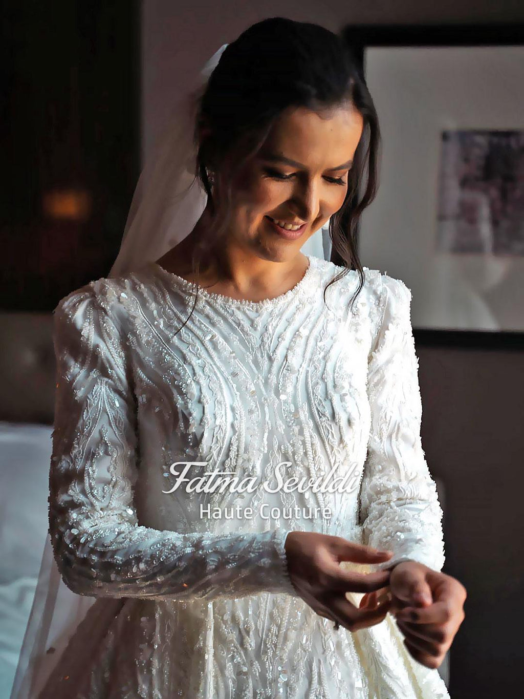 Elegant long sleeve beaded lace A-line Muslim wedding gown