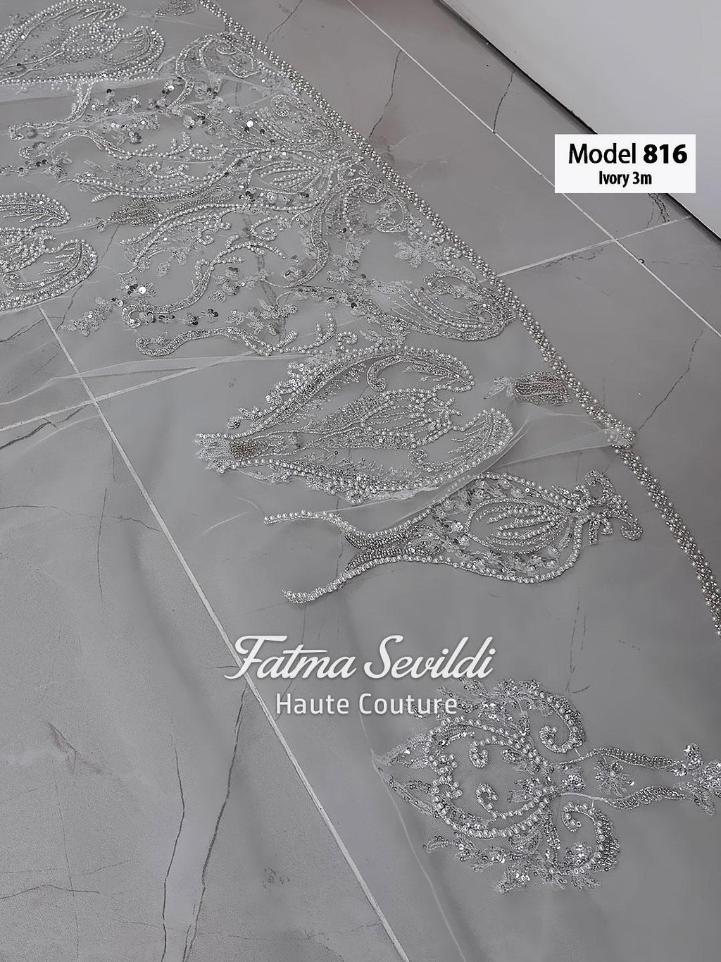 Ivory sheer veil with silver beaded paisley patterns, model 816 by Fatma Sevidli