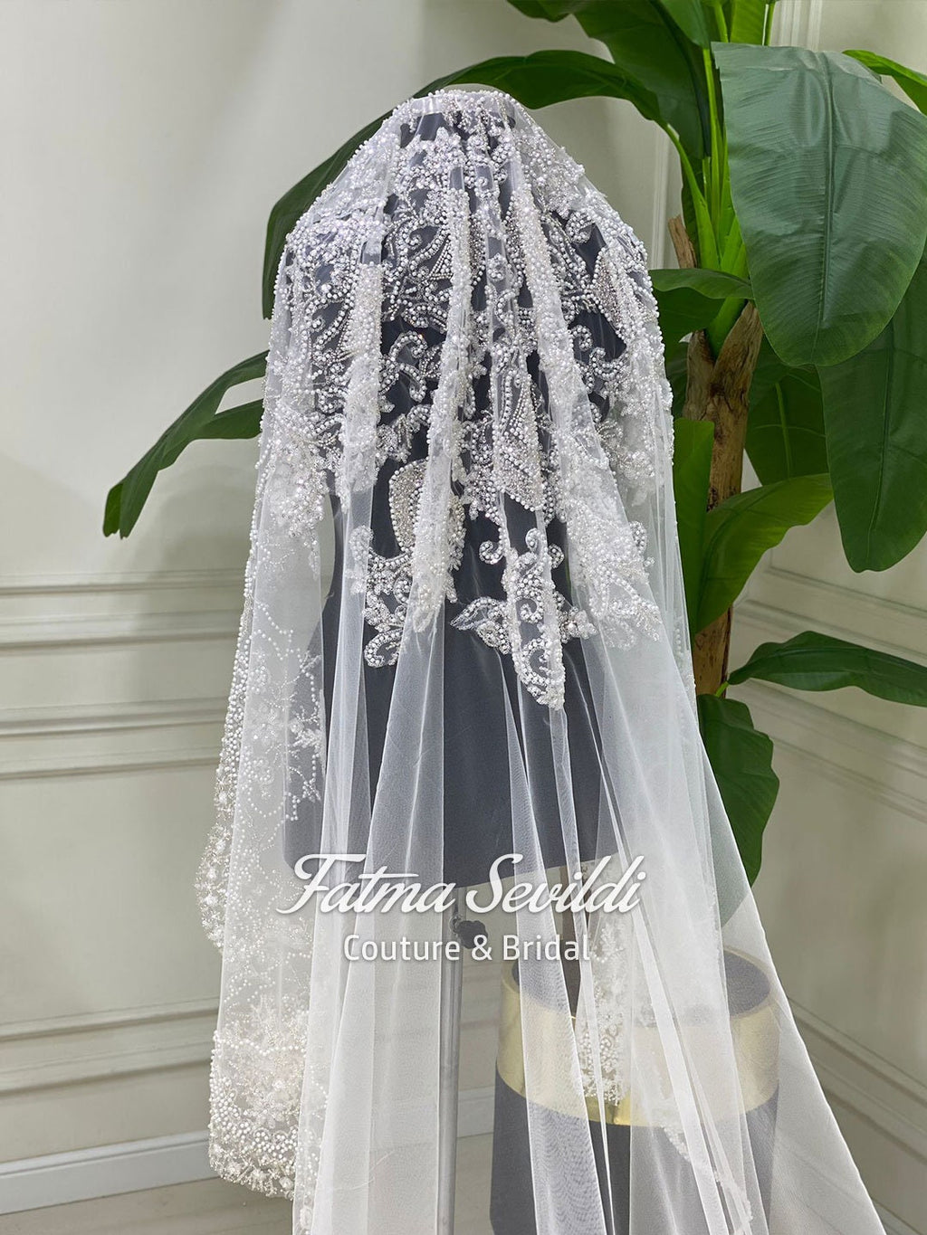 Delicate beaded lace bridal veil for Veiled Modest Wedding Dress