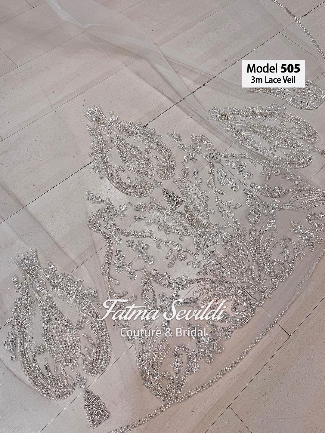Model 505 delicate silver beaded lace veil by Fatma Sevildi Couture & Bridal