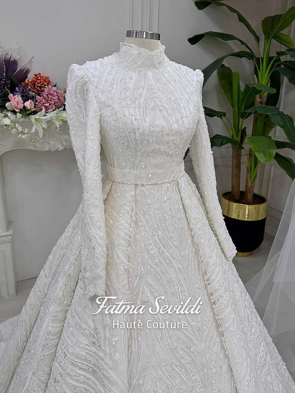 White A-line hijab wedding dress with beaded lace, long sleeves