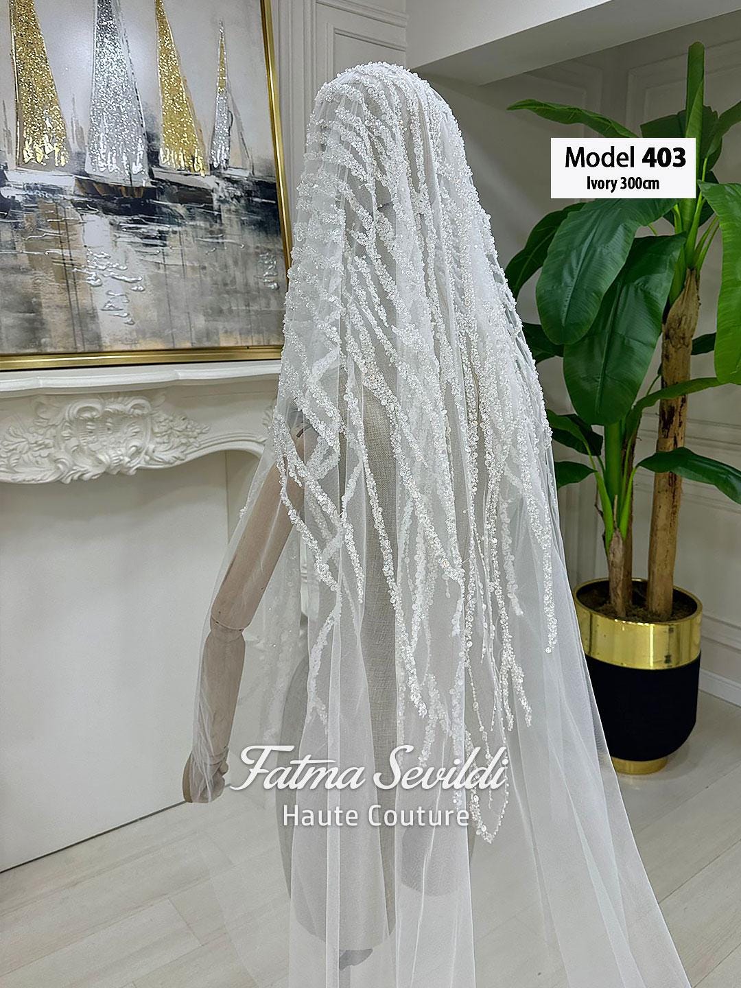 Ivory lace cathedral bridal veil with beaded detailing, model 403