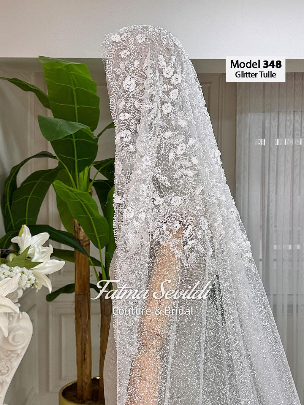 Delicate white glitter tulle cathedral veil model 348 with floral embroidery