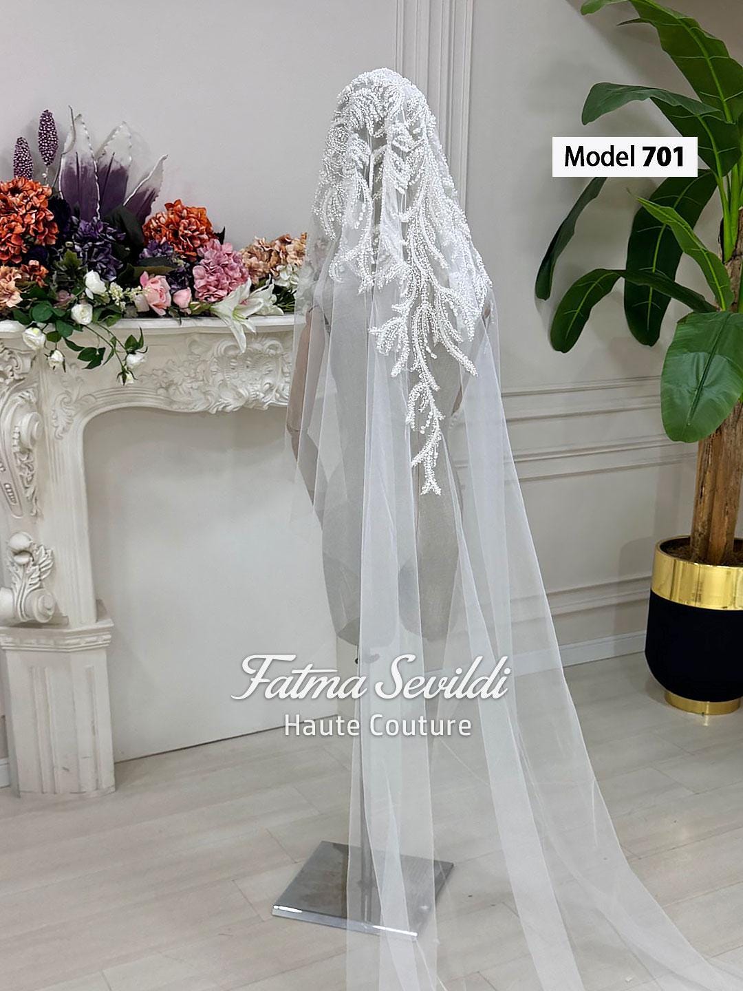 Delicate PART2 cathedral beaded lace bridal veil with floral embroidery