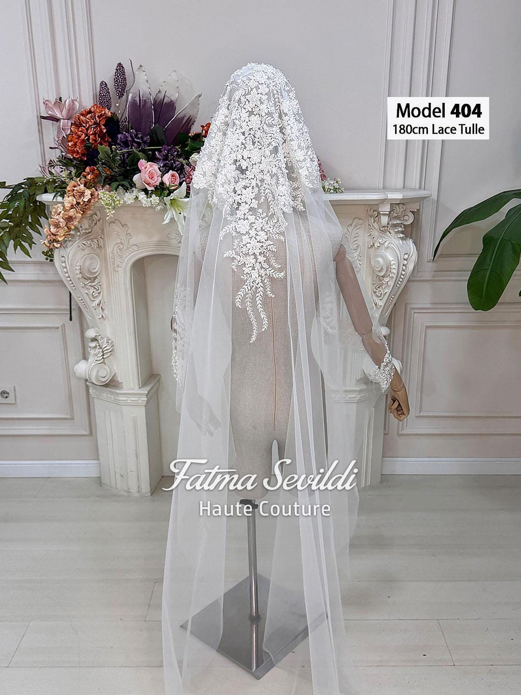 Delicate white lace tulle bridal veil model 404 with floral embroidery